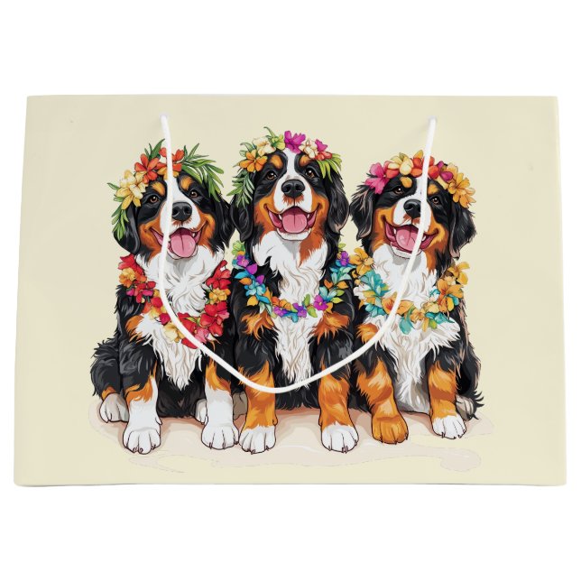 Hawaiian Bernese Mountain Dogs Flower Lei Große Geschenktüte (Vorderseite)
