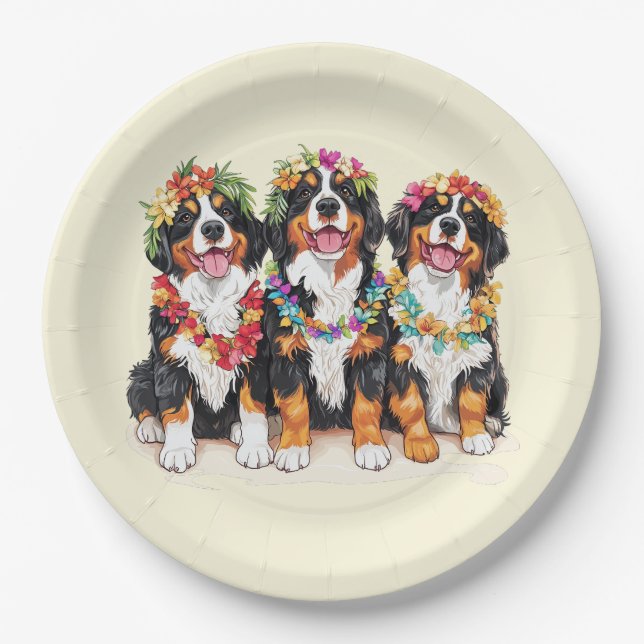 Hawaiian Bernese Mountain Dogs Flower Lei Pappteller (Vorderseite)