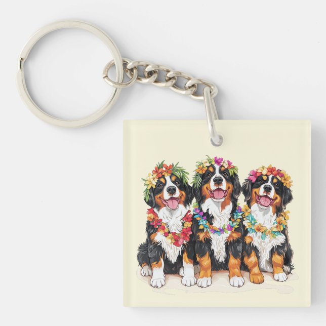 Hawaiian Bernese Mountain Dogs Flower Lei Schlüsselanhänger (Vorderseite)