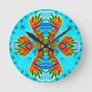 Hawaiian Bird of Paradise Cross (blau) Runde Wanduhr