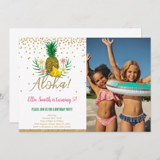 Hawaiian Birthday Kids Foto Einladung (Vorne/Hinten)