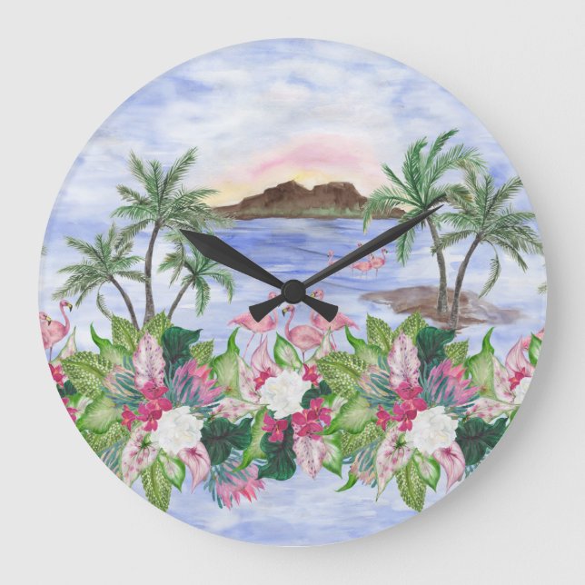 Hawaiian Bliss: tropisches Wasserfarbenmuster Große Wanduhr (Vorderseite)