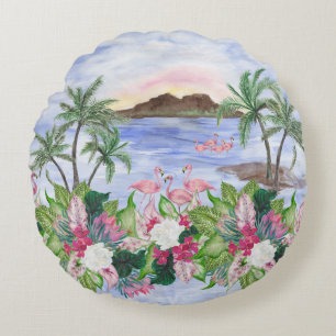 Hawaiian Bliss: tropisches Wasserfarbenmuster Rundes Kissen