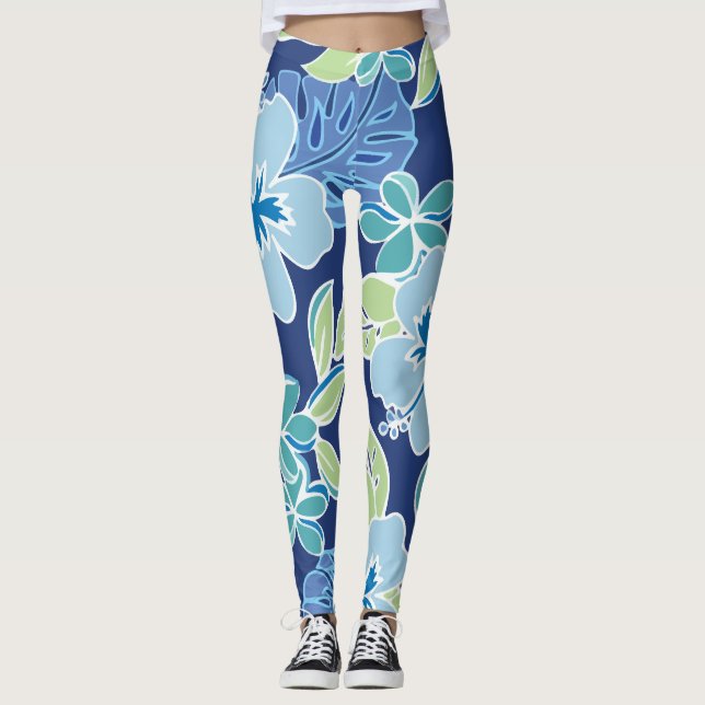 Hawaiian Blue Tropical Foliage Leggings (Vorderseite)