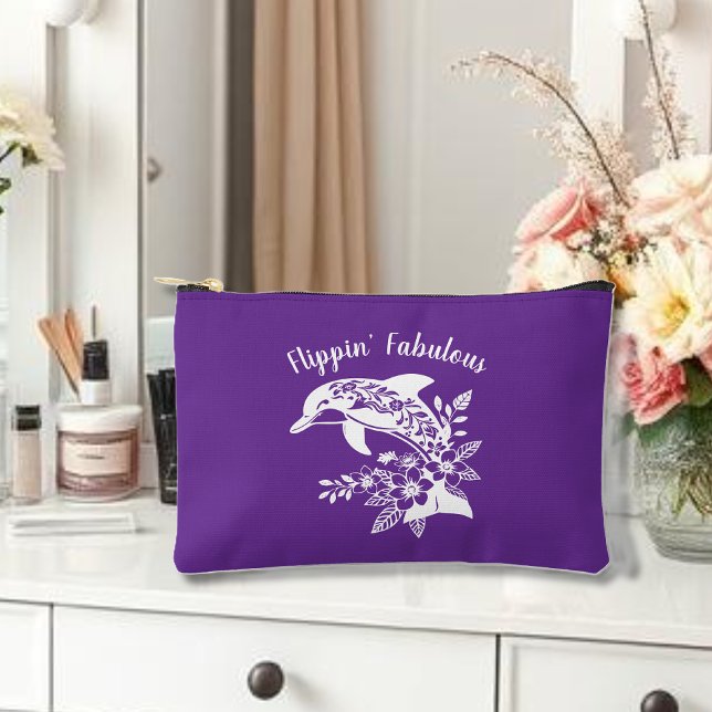 Hawaiian Dolphin Flippin' fabelhaftes Lila Zubehörtasche (Hawaiian Dolphin, Flippin Fabulous, Islander Summer, Beach, Travel, Fisherman Trend, Tropical floral)