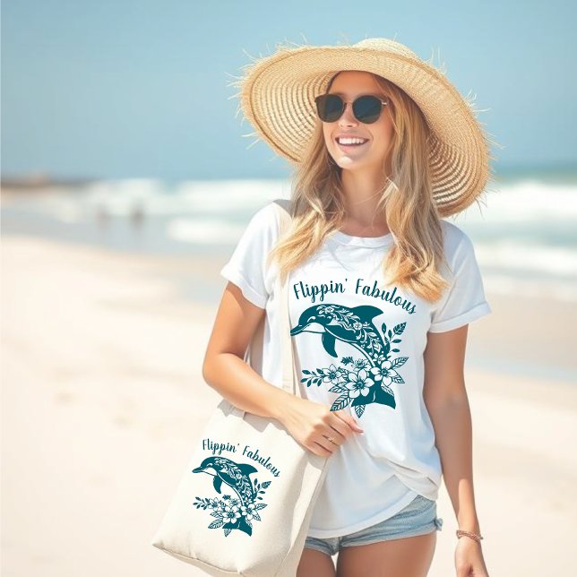 Hawaiian Dolphin-Flippin' Fabulous-Fisherman Core- Jumbo Stoffbeutel (Flippin Fabulous-Hawaiian Dolphin-Tropical Flowers-Fisherman Core-Beach bag-Large Beach Bag-Teal)