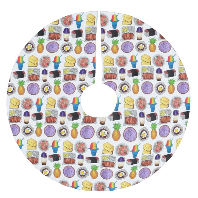 Hawaiian Foods Loco Moco Ahi Tuna Poké Musubi Polyester Weihnachtsbaumdecke (Vorderseite)