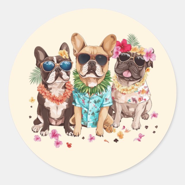 Hawaiian French Bulldogs Flower Lei Runder Aufkleber (Vorderseite)