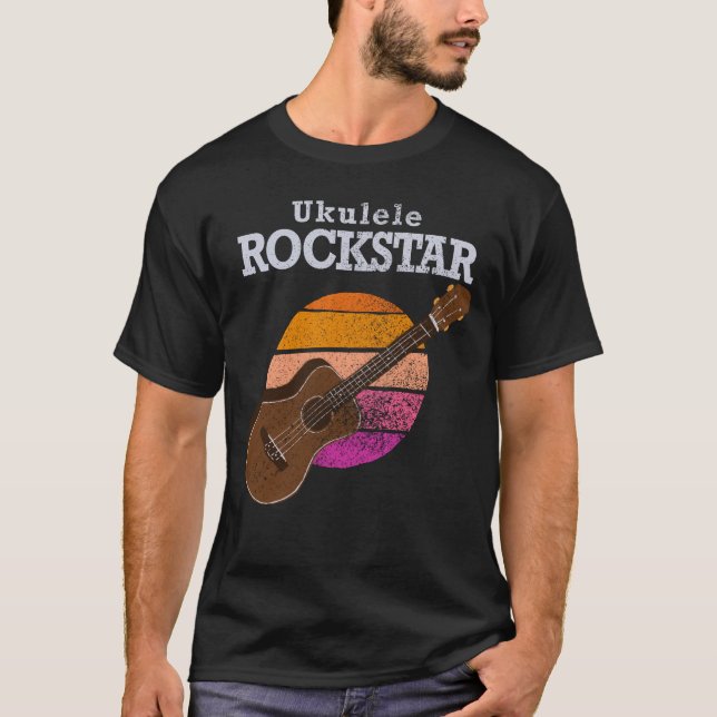 Hawaiian Funny Ukulele Rockstar Retro Sunset T-Shirt (Vorderseite)