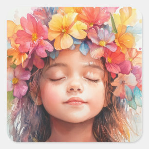Hawaiian Girl Colorful Tropical Blume Kronen Quadratischer Aufkleber