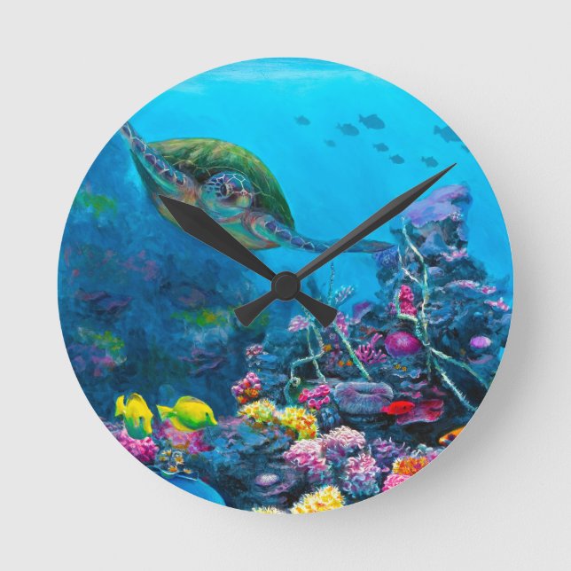 Hawaiian Green Sea Turtle Tropical Fish Reef Runde Wanduhr (Vorderseite)