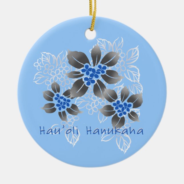 Hawaiian Holly Hanukkah Blue Floral Keramik Ornament (Vorne)