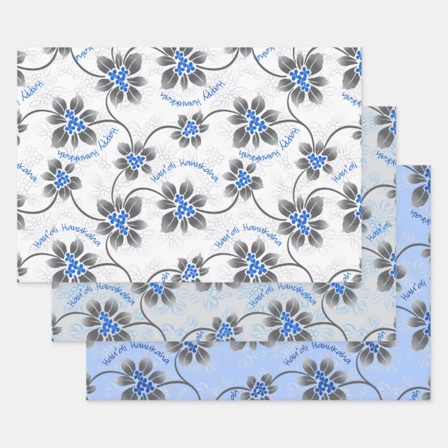 Hawaiian Holly Hanukkah Blue Floral Trio Geschenkpapier Set (Set)