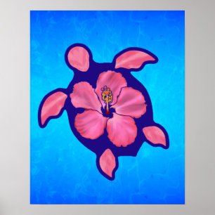 Hawaiian Honu Turtle und Hibiskus Poster