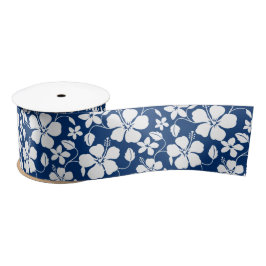 HAWAIIAN HULA (HIBISKUS) NAVY SATIN RIBBON SATINBAND