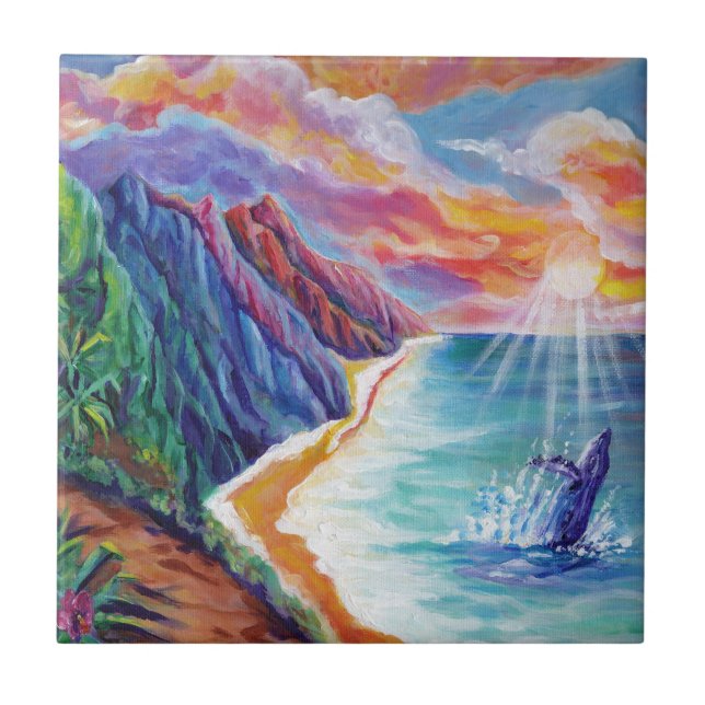 Hawaiian Humpback Whale und Na Pali von Kauai Fliese (Vorderseite)