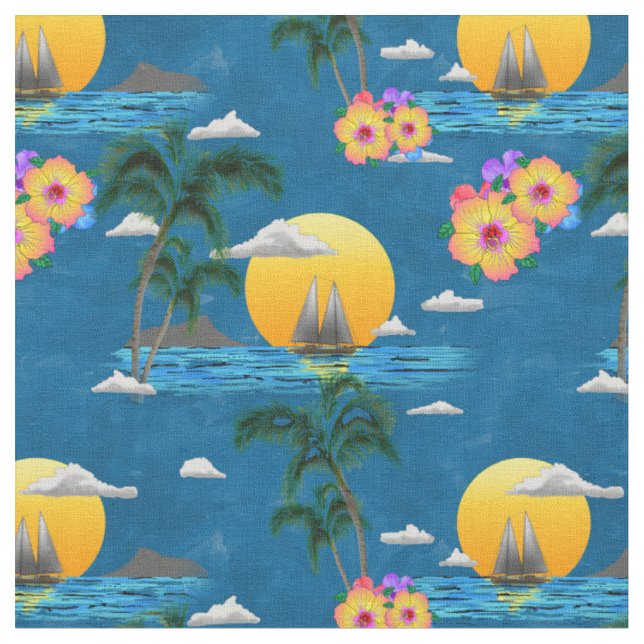 Hawaiian Island Beach Sunset auf Blue Stoff (Nahaufnahme)