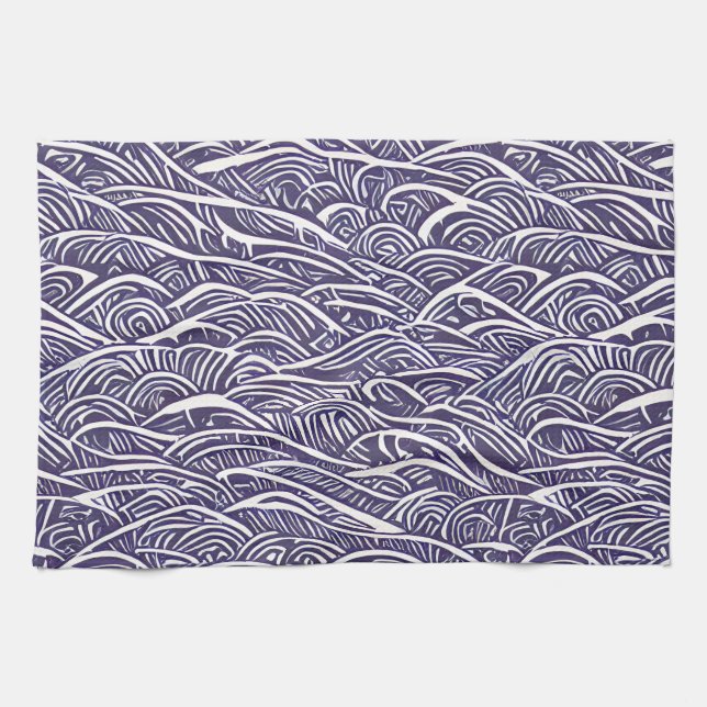 Hawaiian Linocut Waves and Surf Geschirrtuch (Horizontal)