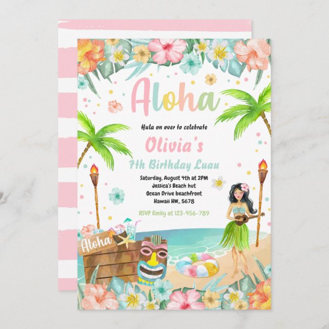 Hawaiian Luau Birthday Party Tropical Birthday Einladung (Vorne/Hinten)