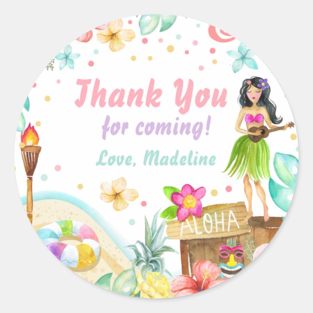 Hawaiian Luau Birthday Tropical Pool Party Pastel Runder Aufkleber (Vorderseite)
