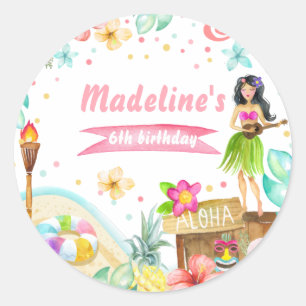 Hawaiian Luau Birthday Tropical Pool Party Pastel Runder Aufkleber
