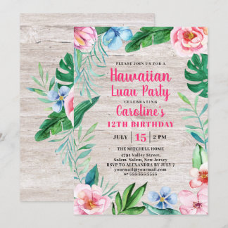 Hawaiian Luau Party Tropical Floral Wood Geburtsta Einladung