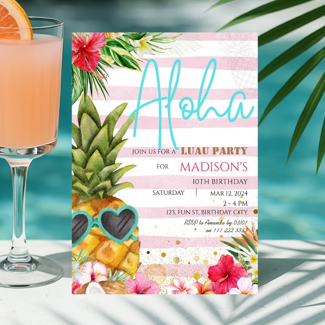 Hawaiian Luau Pineaple Tropical Girl Birthday Einladung (Hawaiian Luau Pineapple Tropical Girl Birthday Invitation)