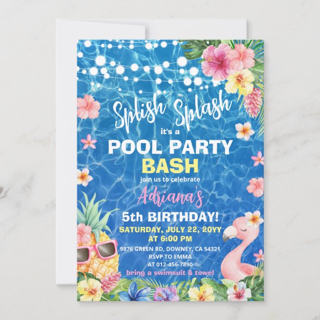 Hawaiian Luau Pineapple Pool Party Girl Birthday Einladung (Vorderseite)