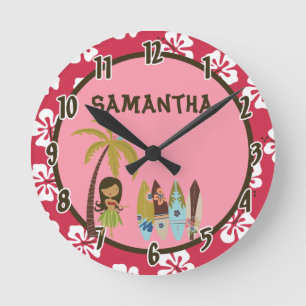 Hawaiian Luau Surf Board Tiki Personalized Clock Runde Wanduhr