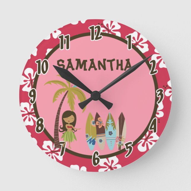 Hawaiian Luau Surf Board Tiki Personalized Clock Runde Wanduhr (Vorderseite)