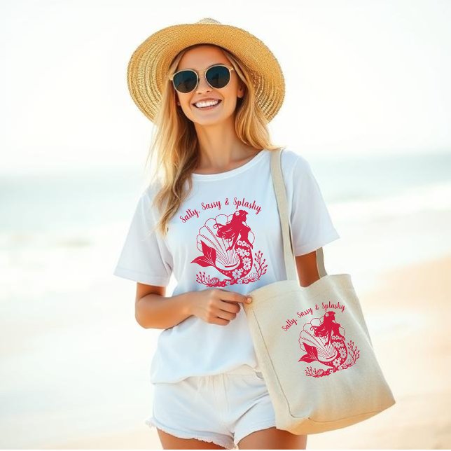 Hawaiian Mermaid-Salty, Sassy und Splashy-Red T-Shirt (Hawaiian Mermaid-Sea Shells and Tropical Flowers-Fisherman Core-Beach Bag-Beach Tote-Summer bag-Red)