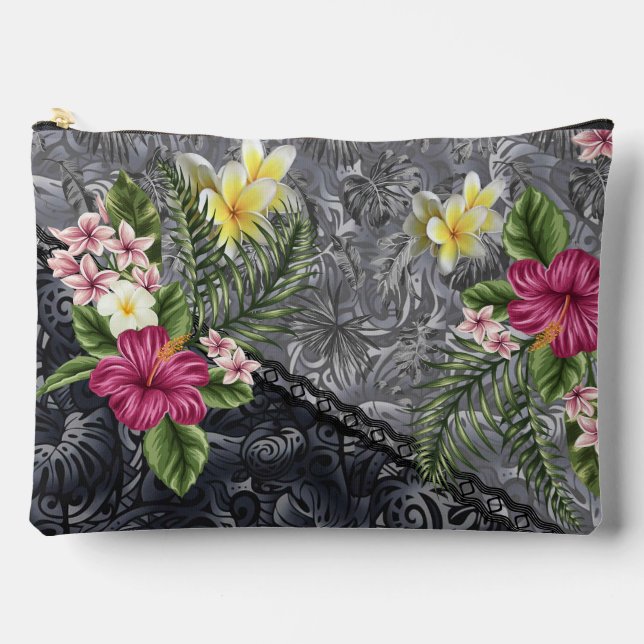 Hawaiian Monstera Tapa und Hibiskus Zubehörtasche (Vorderseite)