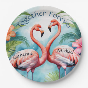 Hawaiian Pink Flamingo Hibiskus Monogram Wedding Pappteller
