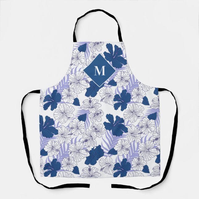 Hawaiian Print Mens Blue Tropical Monogram Schürze (Vorderseite)