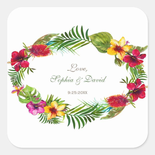 Hawaiian Radiant Tropical Floral Wreath Wedding Quadratischer Aufkleber (Vorderseite)