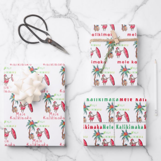 Hawaiian Santa Mele Kalikimaka Wrapping Paper Geschenkpapier Set (Vorderseite)