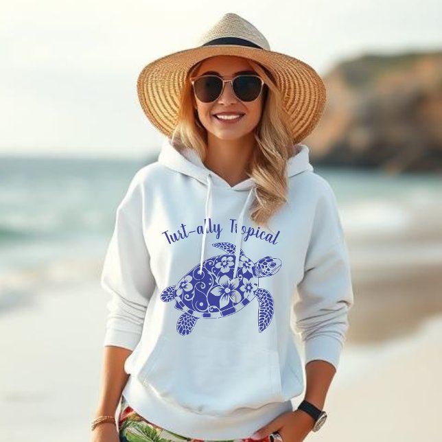Hawaiian Sea Turtle Turt ally Tropical-Deep Blue Hoodie (Hawaiian Turtle-Turt-ally Tropical-Fisherman Core, Coastal, Islander, Beach, Summer, Women Hoodie)