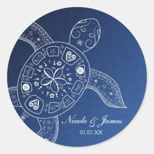 Hawaiian Sea Turtle White auf Blue Beach Wedding Runder Aufkleber