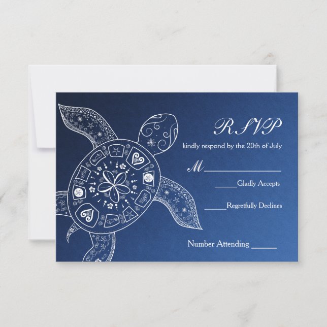 Hawaiian Sea Turtle White Blue Beach Wedding UAWG RSVP Karte (Vorderseite)