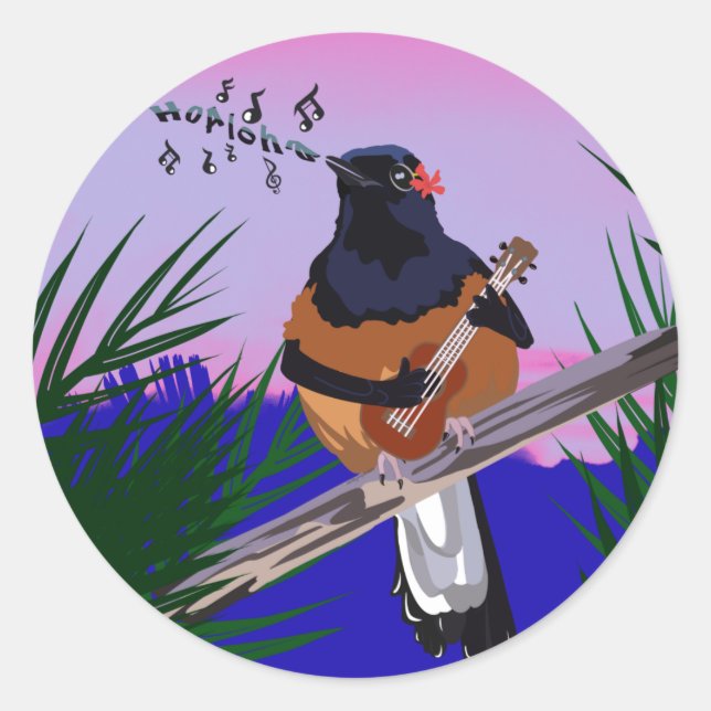 Hawaiian Shama Bird spielt Ukulele Runder Aufkleber (Vorderseite)