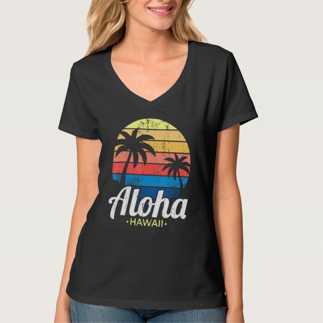Hawaiian Summer Tropical Sunset Palm Trees Aloha H T-Shirt (Vorderseite)