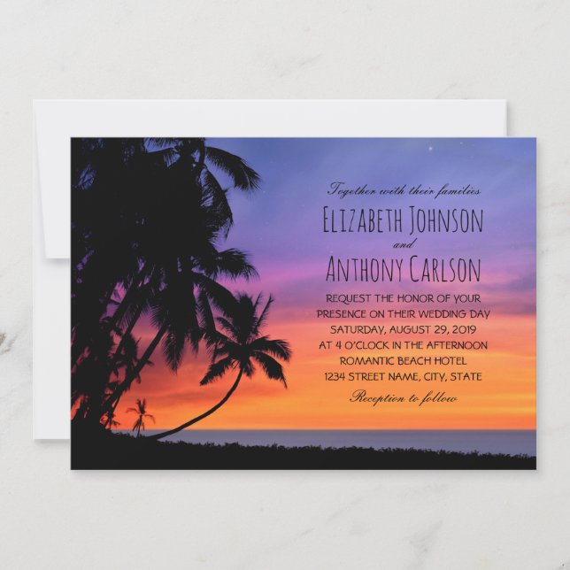 Hawaiian Sunset Palm Tree Beach Hochzeit Einladung (Vorderseite)