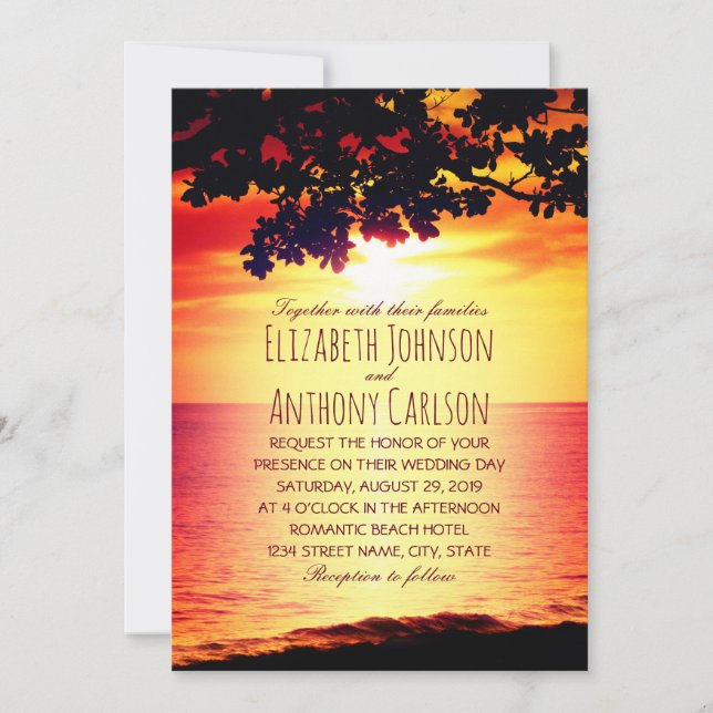 Hawaiian Sunset Tropical Tree Beach Hochzeit Einladung (Vorderseite)