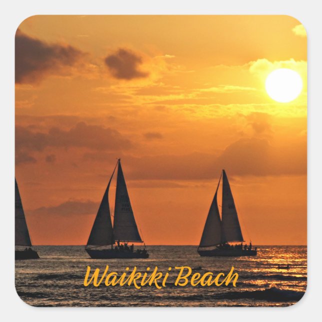 Hawaiian Sunset, Waikiki Beach, Quadratischer Aufkleber (Vorderseite)