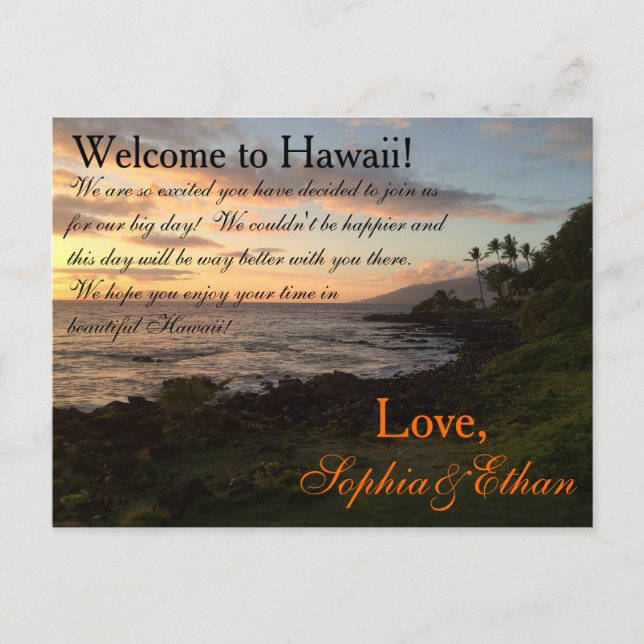 Hawaiian Sunset Wedding Welcome Bag Hinweis Postkarte (Vorderseite)
