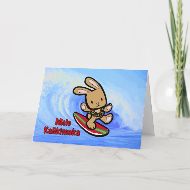 Hawaiian Surfing Bunny Holiday Cartoon Feiertagskarte (Vorderseite)