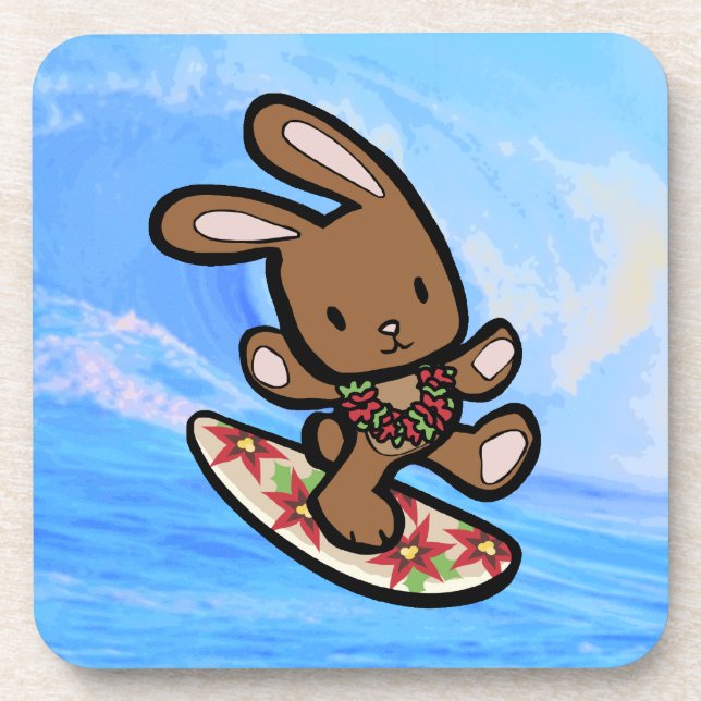 Hawaiian Surfing Bunny Holiday Cartoon Getränkeuntersetzer (Vorderseite)