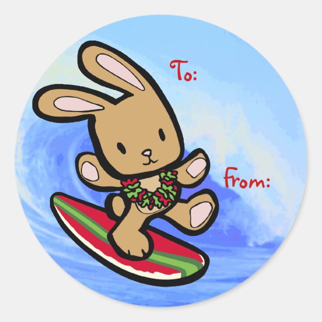 Hawaiian Surfing Bunny Holiday Cartoon Runder Aufkleber (Vorderseite)