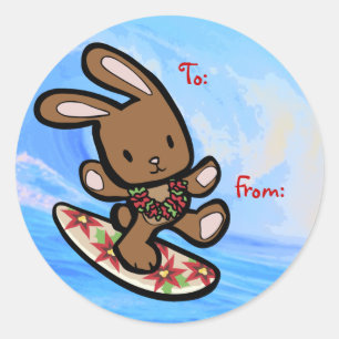 Hawaiian Surfing Bunny Holiday Cartoon Runder Aufkleber