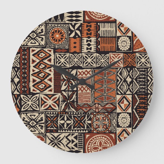 Hawaiian Tapa: Stammes-Patchwork Große Wanduhr (Vorderseite)